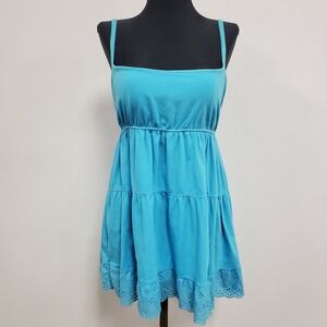 Moda International Long Tiered Y2K Top Size L Blue Tunic Tank Babydoll Lace Trim